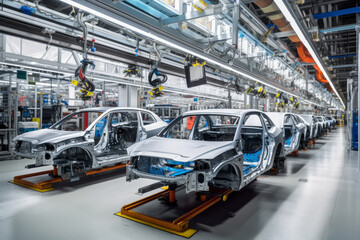 Naklejka premium Automated conveyor line for car assembly, futuristic concept, AI Generated