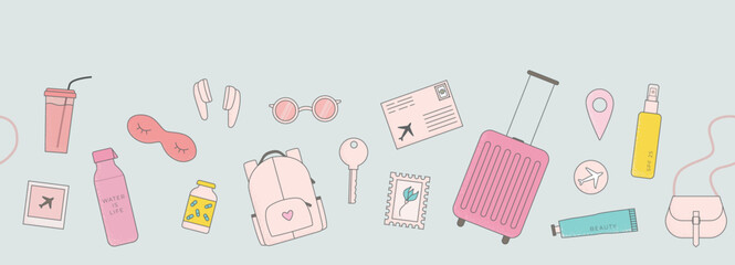 Seamless vector border with girly travel elements. Bright luggage, sleep mask, water