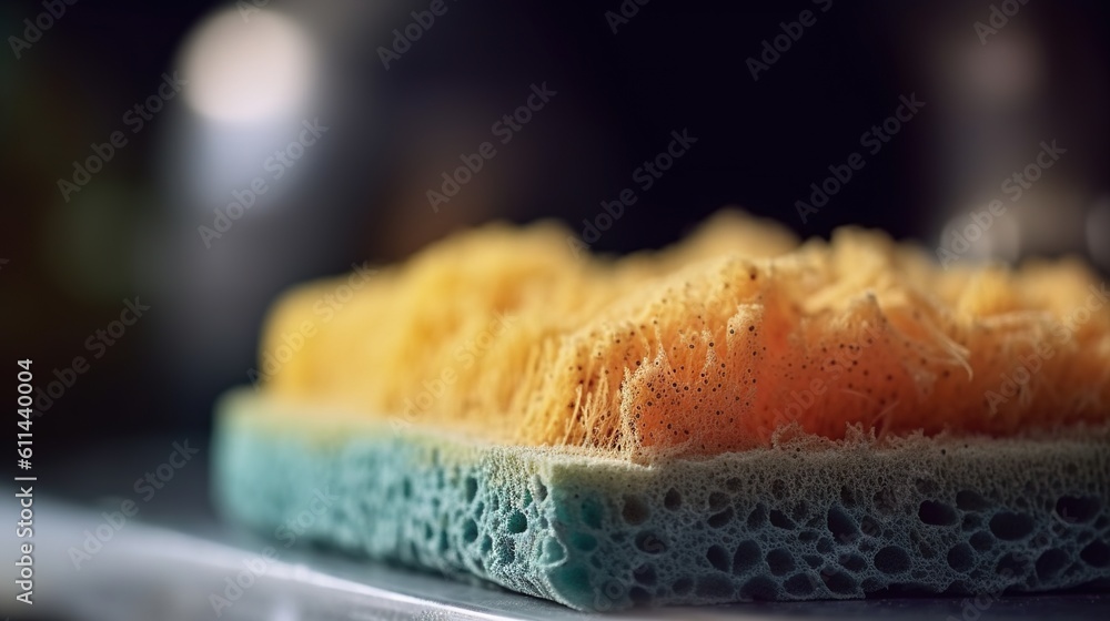 Poster a close up of a sponge on a counter top with a blurry background. generative ai
