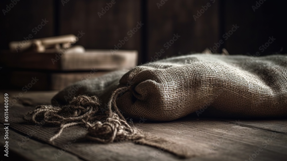 Poster  a sack of burlock on a table with a book in the background.  generative ai