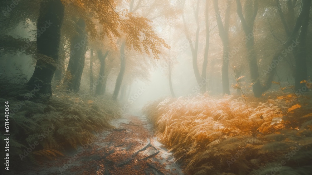 Poster a path through a forest with tall grass and trees on both sides. generative ai