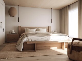 Fototapeta na wymiar Bright beige wooden bedroom, minimal modern style. Generative AI