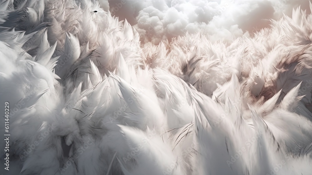 Poster a large group of white feathers in the air with clouds in the background. generative ai