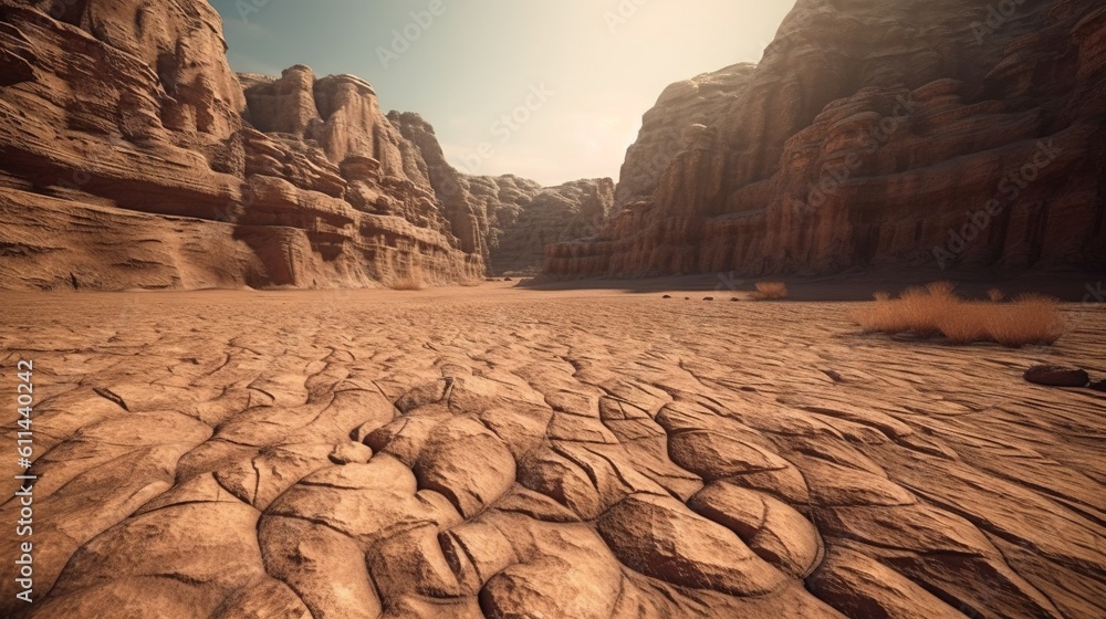 Poster a computer generated image of a desert with rocks and sand. generative ai
