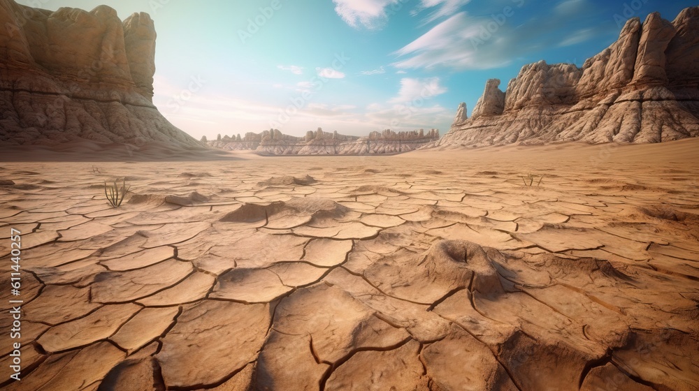 Poster a desert landscape with sparse rocks and sparse grass in the foreground. generative ai