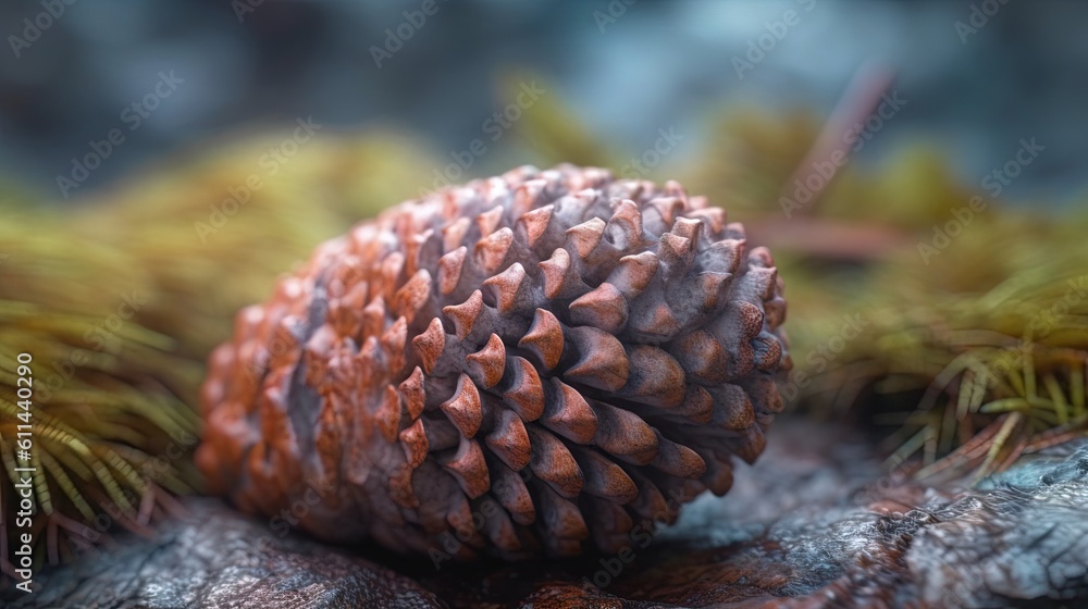Poster a close up of a pine cone on a tree branch. generative ai