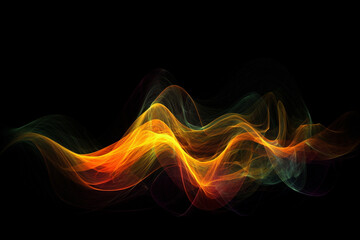 An image of an abstract neon wave shape with vibrant yellow and orange colors on a clean black background.