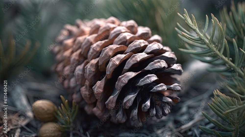 Poster a close up of a pine cone on a pine tree. generative ai