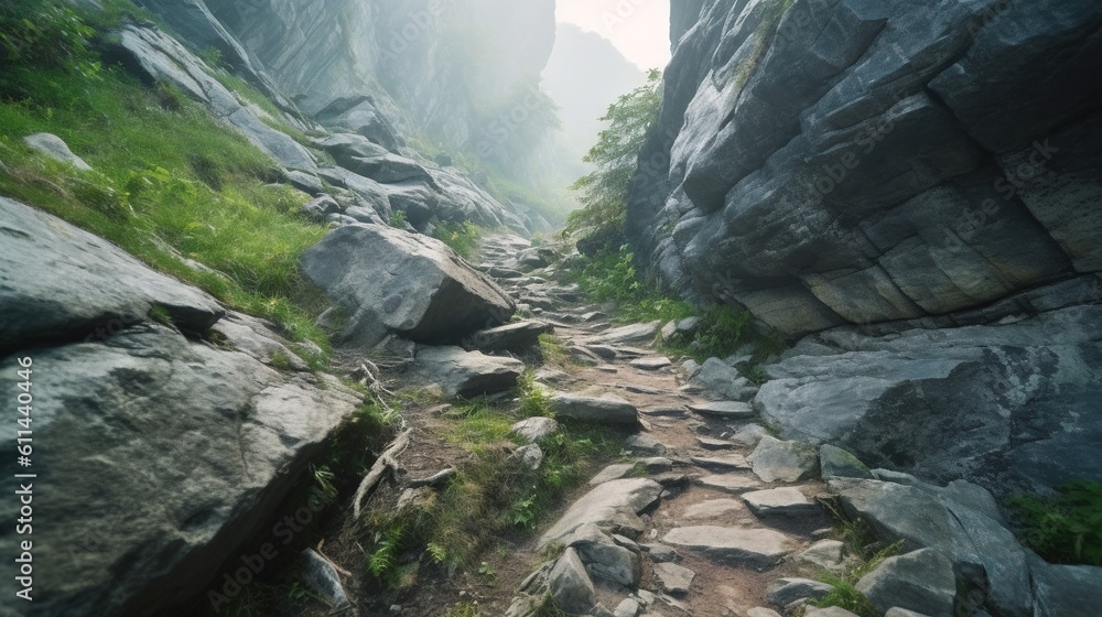Poster a rocky path with grass and rocks on both sides of it. generative ai