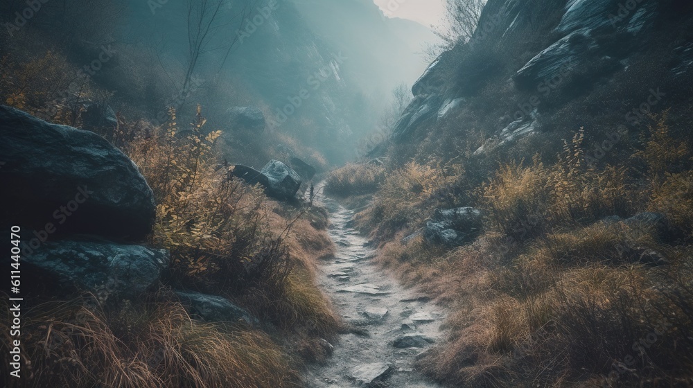 Poster a path in a mountain with grass and rocks on both sides. generative ai