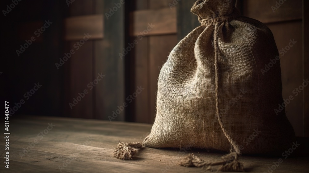Poster a bag sitting on a table with a string on it. generative ai