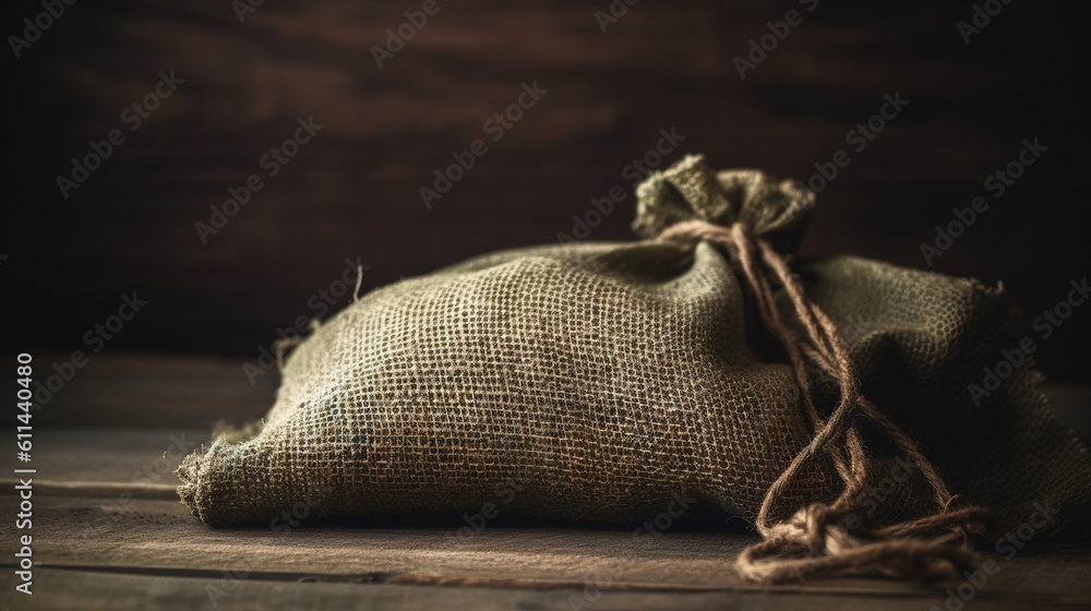 Poster a sack of burlock on a wooden table with a string. generative ai