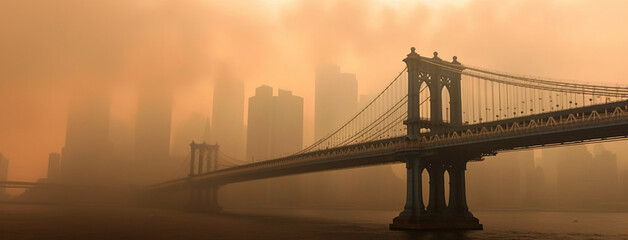 Verhüllte Schönheit: Die Brooklyn Bridge im orangefarbenen Smog der kanadischen Waldbrände - obrazy, fototapety, plakaty