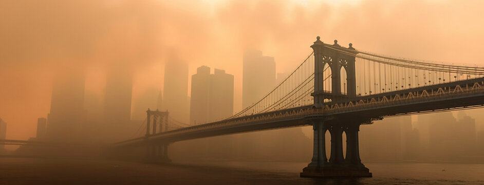 Fototapeta Verhüllte Schönheit: Die Brooklyn Bridge im orangefarbenen Smog der kanadischen Waldbrände