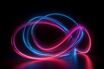 An image of a 3D render. Abstract futuristic neon background. Red pink blue rounded lines, glowing in the dark. Ultraviolet spectrum. Cyber space. Minimalist.