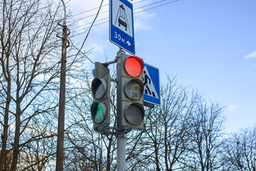 Red traffic light on background of trees and blue sky