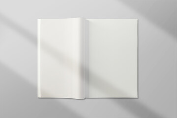 Realistic top view cover and opened portrait A4 or A5 magazine or brochure booklet for stationery and branding. Mockup template isolated light grey background and leaf shadow overlay. 3D rendering.