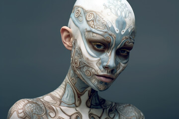 Colorful artistic portrait of a young beautiful woman with makeup, face art and tattoo on gray background, AI Generated