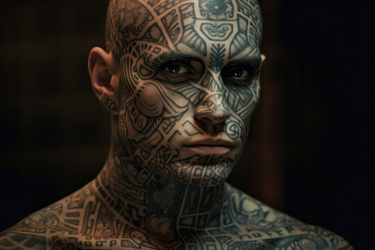 Artistic portrait of a young man with face art and tattoo on black background, AI Generated