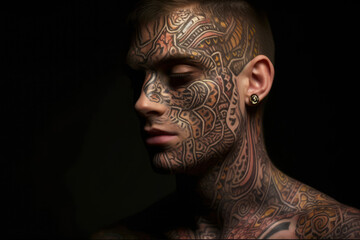 Artistic portrait of a young man with face art and tattoo on black background, AI Generated