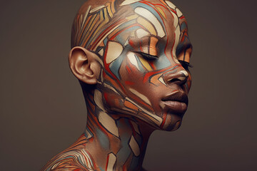 Colorful artistic portrait of a young beautiful black woman with makeup, face art and tattoo on brown background, AI Generated