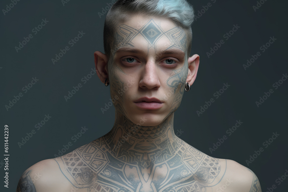 Wall mural Artistic portrait of a young man with face art and tattoo on dark background, AI Generated