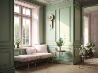 Pink and green cottage style interior room. Generative AI