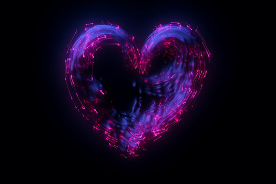An image of a minimalist neon heart shape with bright purple and magenta tones against a clean navy blue background.