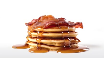 A stack of pancakes with bacon and maple syrup on White Background with copy space for your text created with generative AI technology