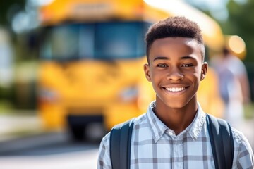 School Bus African American teenage boy Student After Getting Off Of Bus. Generative AI