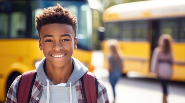 School Bus African American teenage boy Student After Getting Off Of Bus. Generative AI
