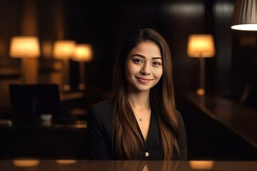 The receptionist of a luxury hotel at the lobby desk.  Composite with different elements made with generative AI