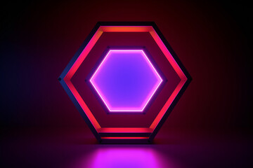 An image of a minimalist neon octagon with a gradient of blue and purple hues against a clean dark red background.