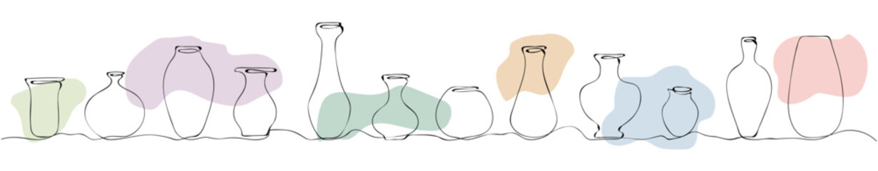 vases set. Antique and modern tableware, ceramic bottle, museum exhibit, Greek art. line art. vector drawing. on a white background. color fill. - obrazy, fototapety, plakaty