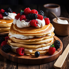 Ai generated illustration Pan cakes with honey and berries