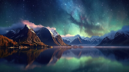 colorful northern lights in night starry sky with stars over lake and mountains. Generative AI illustration