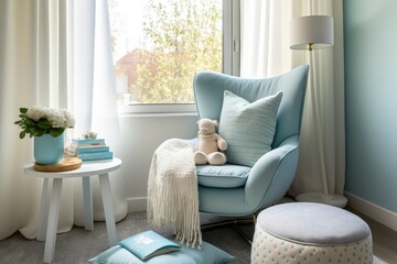 Fototapeta na wymiar Cozy modern bedroom with armchair and light blue tone, digital illustration. Generative AI