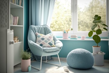 Cozy modern bedroom with armchair and light blue tone, digital illustration. Generative AI