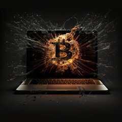 Bitcoin on laptop screen, technology and cryptocurrency concept, digital illustration. Generative AI