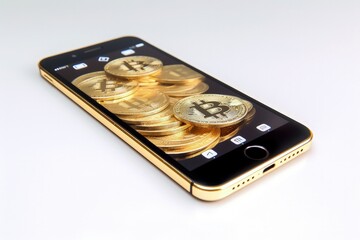 Bitcoin on mobile screen, technology and cryptocurrency concept, digital illustration. Generative AI