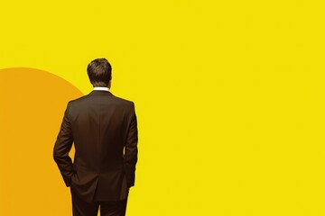 Plakat Business men from the back on yellow background, digital illustration. Generative AI
