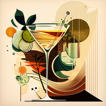 Ai generated mid century illustration art style  glass of cocktail