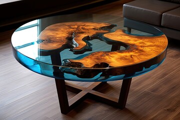 Coffee table by epoxy resin while drinking really cool coffee time. Generative AI Technology 