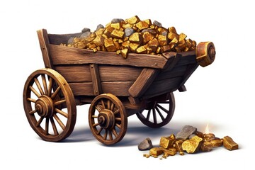 Mine cart with gold nuggets, mining and cryptocurrency concept, white background. Generative AI