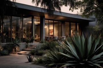 Fototapeta premium Modern house with greenery at the entrance, building and architecture concept, digital illustration. Generative AI
