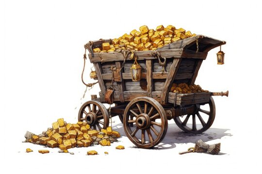 Mine cart with gold nuggets, mining and cryptocurrency concept, white background. Generative AI