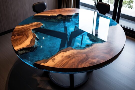 Coffee table by epoxy resin while drinking really cool coffee time. Generative AI Technology 