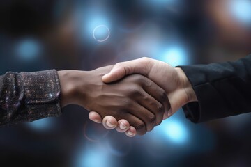 Fototapeta na wymiar Business men shaking hands, bokeh background, digital illustration. Generative AI