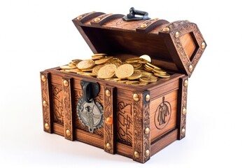 Wooden chest with full of gold, riches concept, digital illustration. Generative AI