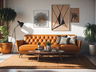 MidCentury Modern Living Room with Tan Leat. ai generative